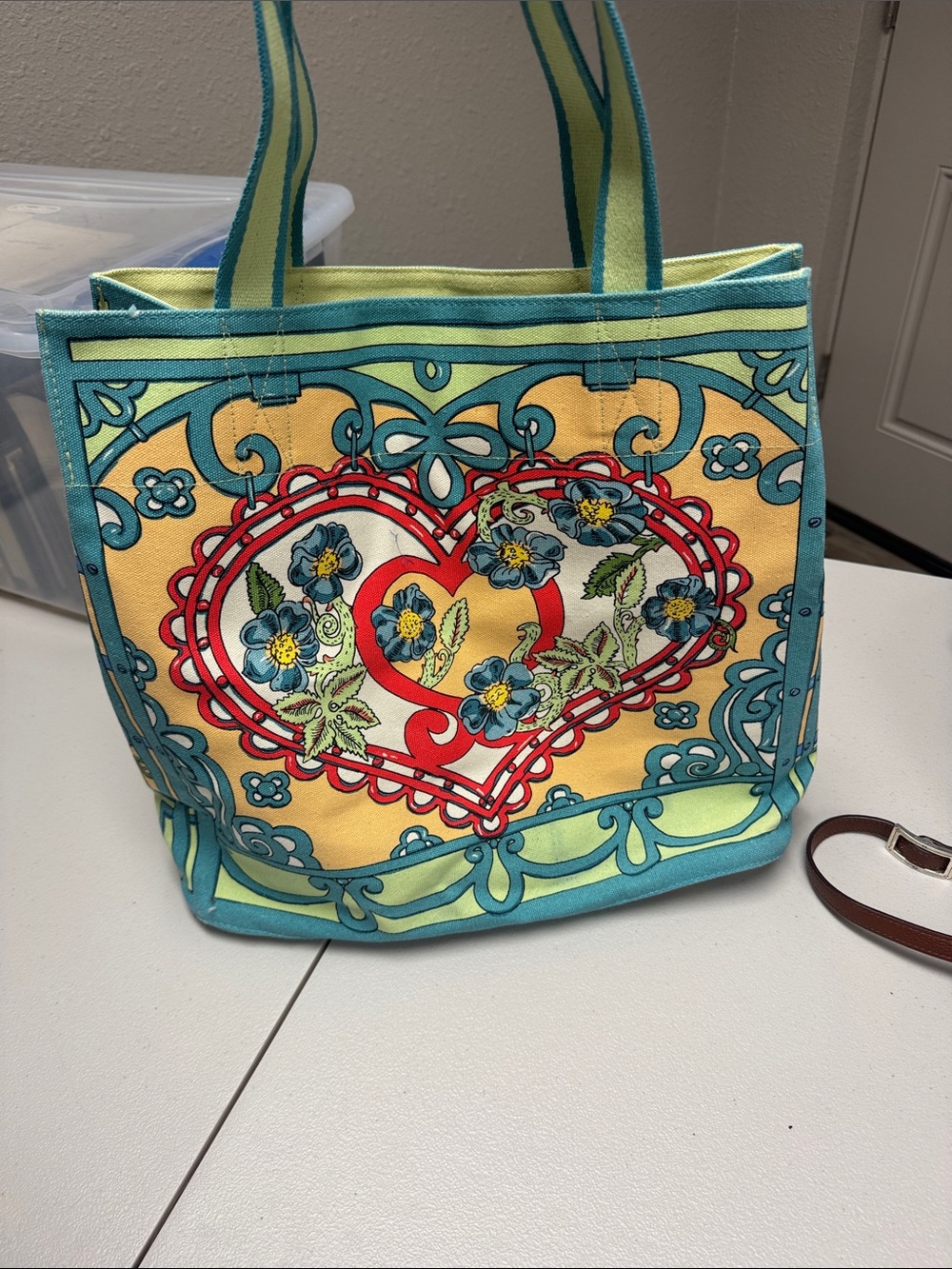 Brighton LOVE Canvas Tote in Teal, Red & Yellow - Picture 2 of 3
